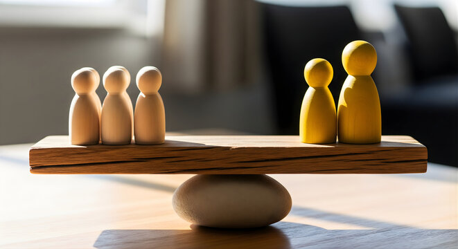 Imbalanced wooden seesaw with groups of wooden figures illustrating social inequality and unfair distribution of power or resources between minority and majority groups in indoor workspace setting