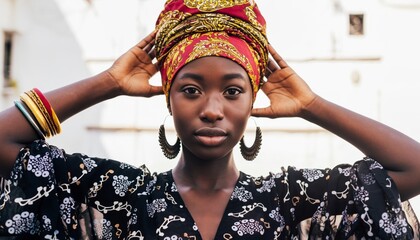 Beautiful young Black woman wearing a colorful traditional headwrap and large earrings adjusts her scarf while looking directly into the camera with a confident expression