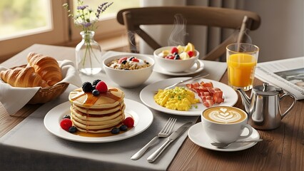 A delicious breakfast spread on a table with pancakes and coffee on transparent background