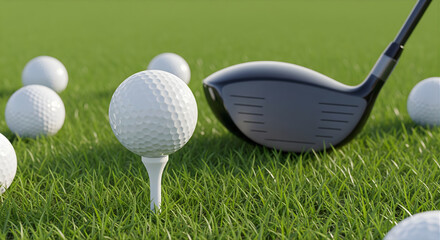 Golf ball perfectly placed on a tee with a golf driver ready for swing on a lush green course, surrounded by other golf balls, representing sport, precision, leisure, and outdoor recreation
