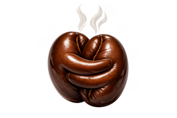 Coffee beans embracing, forming a heart shape, radiating steam, symbolizing love, warmth, and friendship, on transparent background