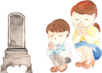 墓参りをしている親子の水彩イラスト　ベクター