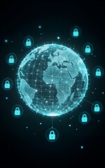 Obraz premium Global digital network secured by floating lock icons, futuristic cyber protection concept.