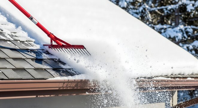 Red snow rake clearing cascading snow from sloped roof with gray shingles and brown gutter in snowy forest background illustrating winter maintenance safety and ice dam prevention in cold climate home
