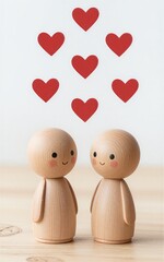 Two wooden dolls smile beneath floating red hearts, symbolizing love and connection.