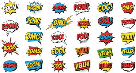 Colorful comic book sound effect words like Boom, Pow, Cool for action scenes © Mother Of Mahofuj