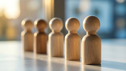 Wooden figures in line, sunlight glows softly behind them on reflective surface.