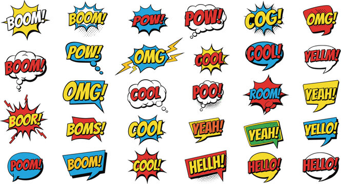 Colorful comic book sound effect words like Boom, Pow, Cool for action scenes