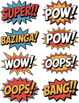 Comic Book Explosion Words - SUPER, POW, BAZINGA, BANG!