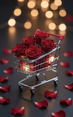 Mini shopping cart filled red roses, scattered petals, warm bokeh lights in background.