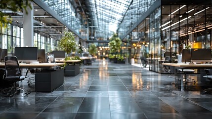 Modern office interior with desks and plants