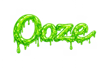 Ooze text word with dripping green slime and goo liquid, flowing dripping slimy font, transparent background