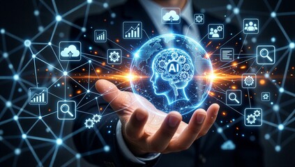 AI innovation in hand, glowing neural network connects data, analytics and human intelligence.