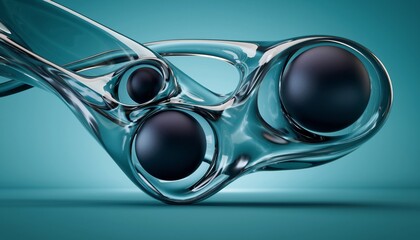 Abstract transparent glass sculpture with dark spheres inside its fluid, organic structure, showcasing modern design and futuristic technology on a clean teal background