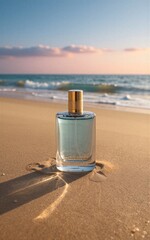 Golden hour beach scene, perfume bottle on sand near ocean waves.