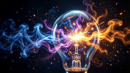 glowing bulb emits vibrant blue, purple and orange energy sparks against dark background.