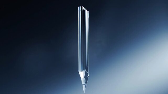Close up of a glass pen with a sharp nib against a dark blue background with light rays.