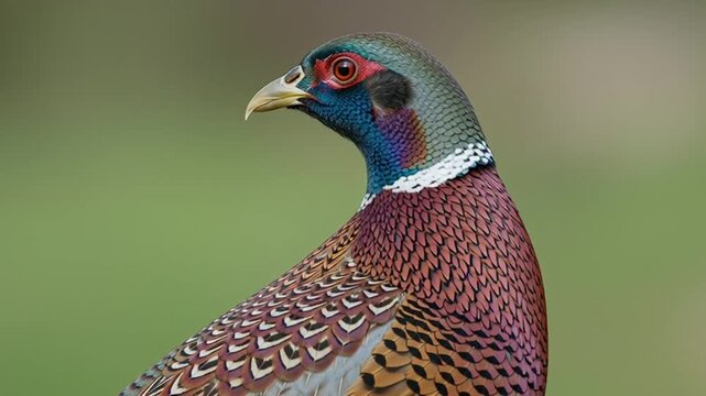 Close-up of a vibrant male pheasant with colorful plumage and a distinctive white neck ring, captured against a soft green background.
