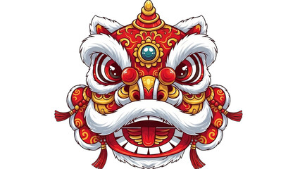 Fototapeta premium Traditional Chinese lion dance head costume with vibrant red and gold details and white fur trim.