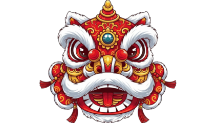 Traditional Chinese lion dance head costume with vibrant red and gold details and white fur trim.