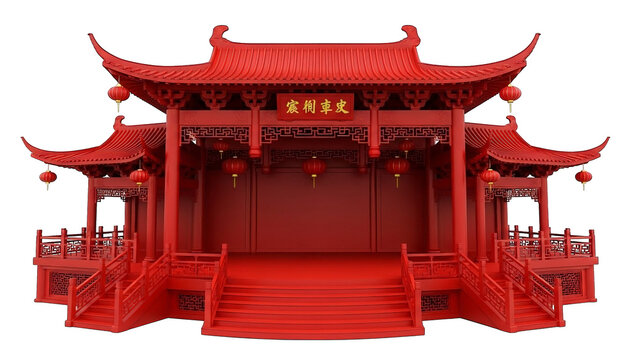 Vibrant red traditional Chinese pavilion with ornate roof and hanging lanterns.