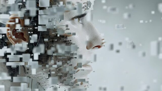A woman's face is fragmented into pixels on a white background in a digital illustration.