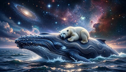 Polar bear rests on whale in starry ocean, cosmic galaxies swirl above.