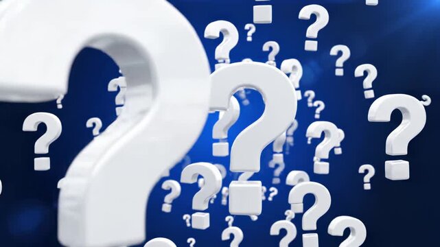 Floating white question marks in a dynamic arrangement against a deep blue background, creating a sense of inquiry and exploration, emphasizing the flow of curiosity and thought