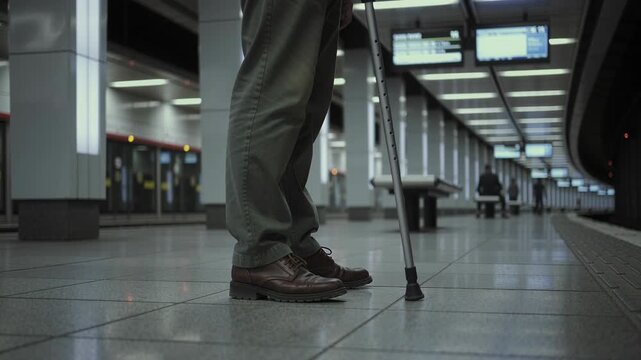 Traveler navigating empty subway station with walking stick on journey