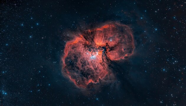 Vibrant red and orange emission nebula with dark dust lanes glowing brightly from the light of newborn stars against a backdrop of deep, infinite cosmos - Powered by Adobe
