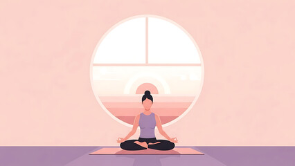 woman practicing yoga meditation in a peaceful home setting with a serene sunrise vista through a large circular window ideal for wellness content