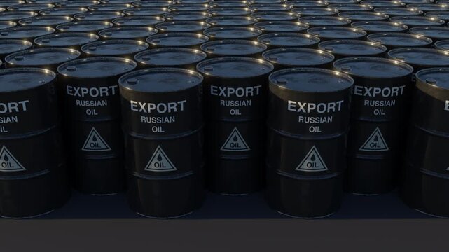 Rows of oil barrels symbolizing global energy export and fuel industry. Seamless loop animation for business news, economics, energy markets and finance visuals. Part of energy industry series.