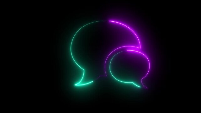 Neon blue and yellow glowing speech bubbles on a black background representing communication, conversation, messaging, chat, and social interaction. The vibrant neon glow creates