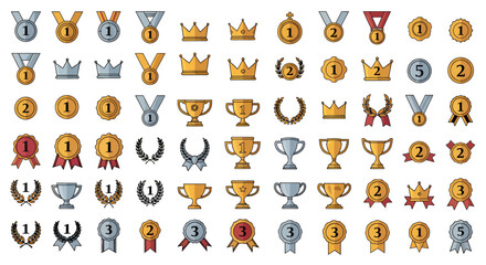 Fototapeta premium Collection of various gold, silver, and bronze medals, trophies, crowns, and award icons.