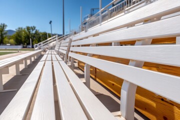 Empty White Benches in a Stadium Under Blue Sky on a Sunny Day