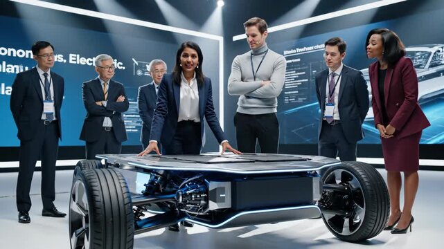 Diverse Team Discusses Electric Vehicle Chassis Technology In Modern Tech Presentation Studio