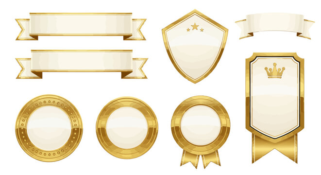 Set of golden decorative ribbons, badges, and circular frames with elegant design.