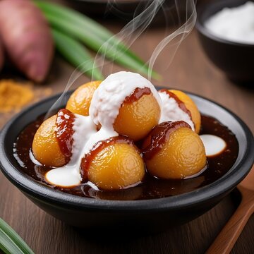 Candil Porridge or Salak Seeds are popular in Central and East Java, sweet potato flour balls in palm sugar syrup with coconut milk topping.