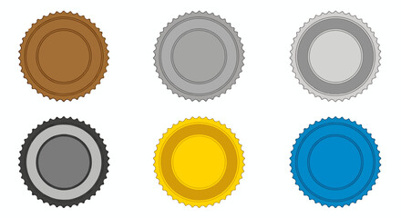 Set of six colorful round bottle caps with ridged edges.
