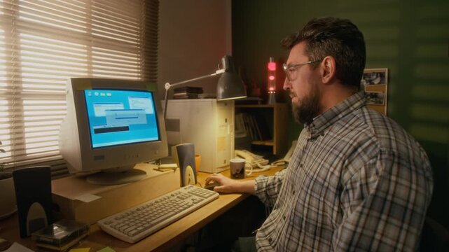 Medium shot of mature 1990s Caucasian man in glasses and plaid shirt sitting at home office, working on retro computer, trying to connect to internet with dialup modem, playing with ball while waiting
