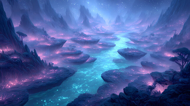 isometric view of a magical blue river in the middle of an alien valley filled with glowing pink crystals and giant rocks, set against a night sky.