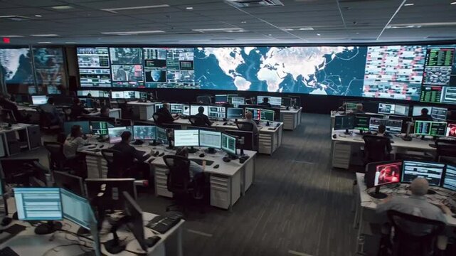 Operators monitor screens in a large control room with multiple computer stations
