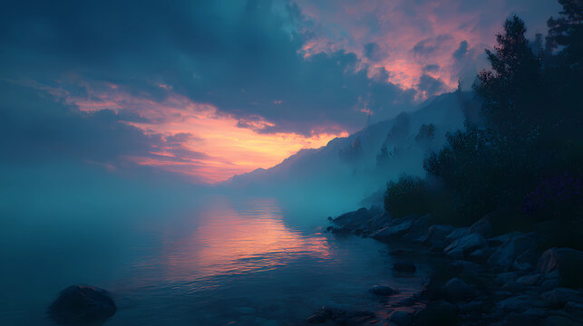beautiful landscape with a misty mountain lake at a colorful dusk sky, high-resolution, professional photograph. super-realistic rendering in the style of unreal engine with ray tracing