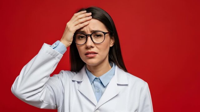Surprised female doctor reacts with concern and understanding against red background
