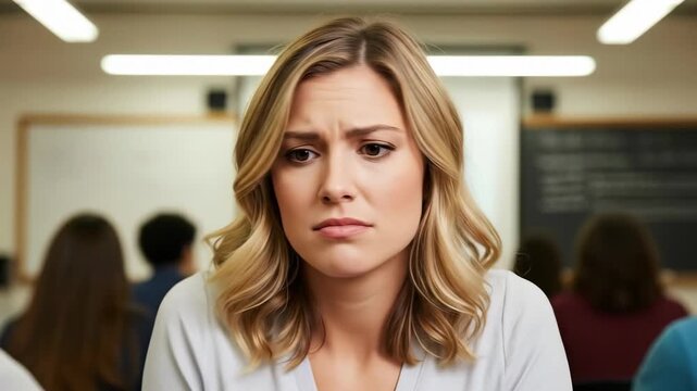 Young woman expresses frustration and confusion in classroom setting with diverse reactions