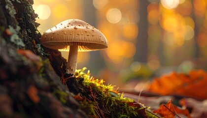 Close-up of a mushroom growing on a mossy tree trunk with autumn foliage in soft focus and a sunlit background