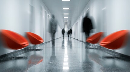 Hallway with people walking and orange chairs