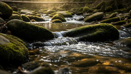 Fototapeta premium Mossy rocks in a serene stream with gentle water flow at sunrise