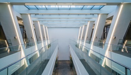 Naklejka premium Modern architectural interior with symmetrical angled columns, bright linear lights, and glass railings leading down a futuristic hallway with a skylight
