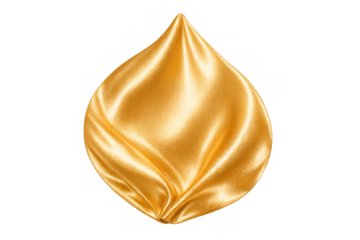 Golden silk fabric droplet shape design element with luxury elegant drape texture on transparent background